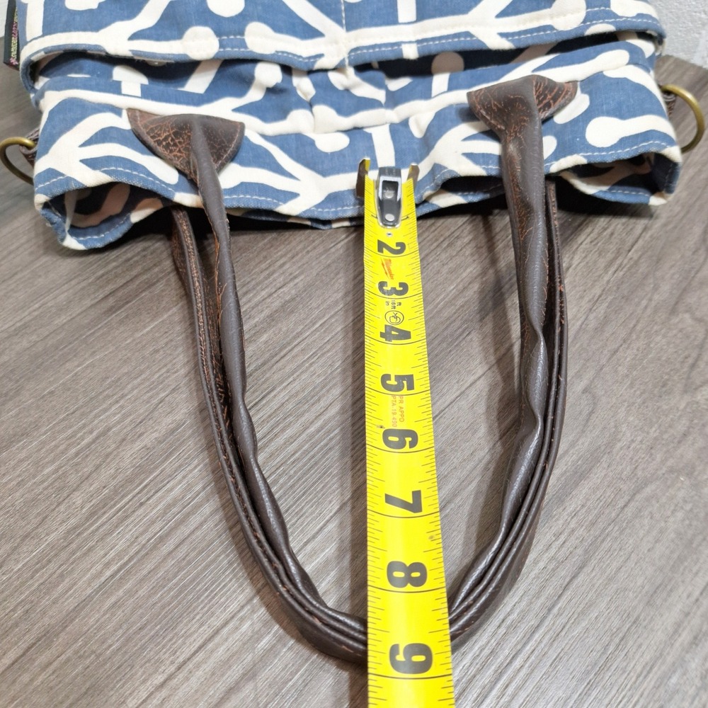 Rebekah Scott Designs Blue White Geometric Canvas Tote Bag Brown Faux Leather - Picture 9 of 9